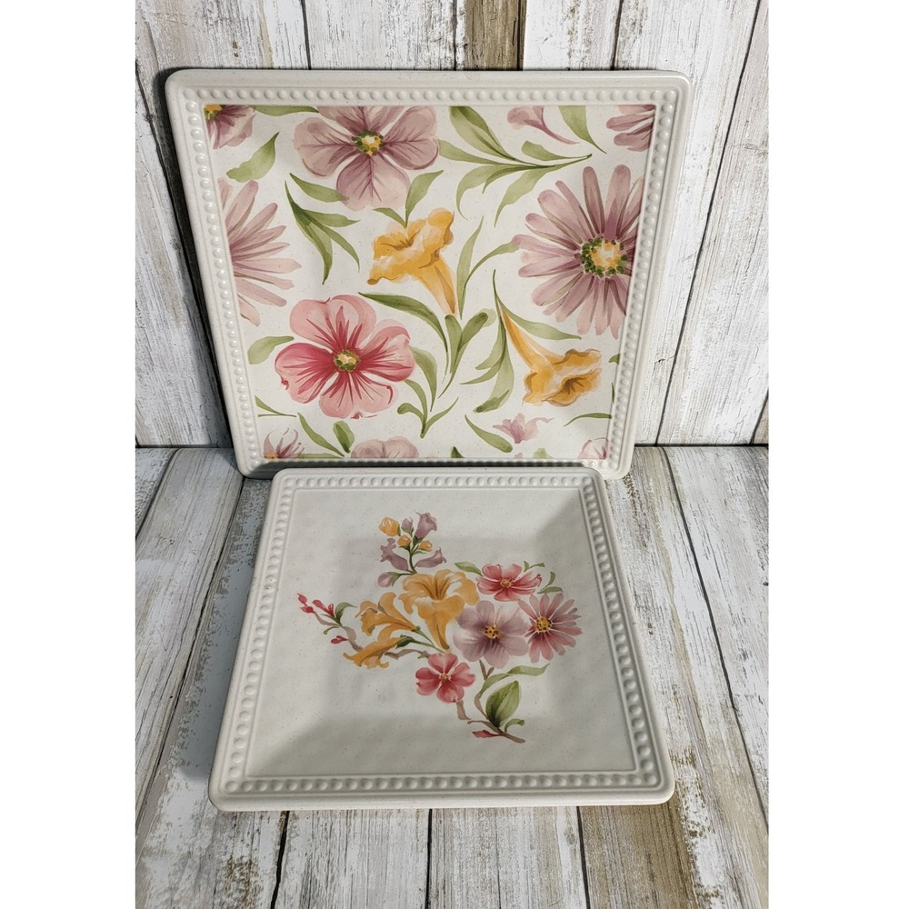 Set 2 Replacement Square Floral Plates with Beaded Edge Texas Inspired Design - Picture 3 of 5